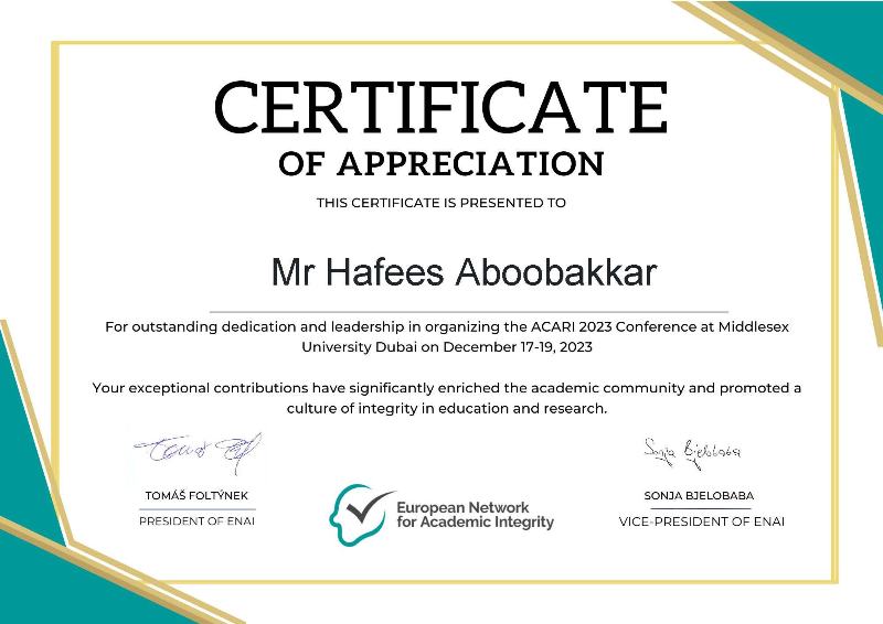 Certificate of Appreciation, ENAI · ACARI 2023 conference