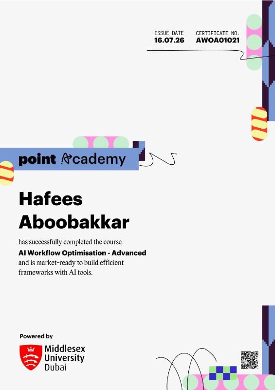 AI Workflow Optimisation – Advanced, Point Academy · Jul 2026